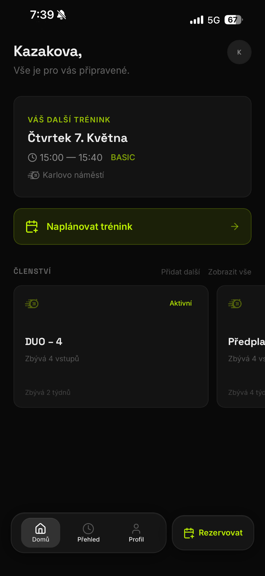 BFine.Fitness — domovská obrazovka